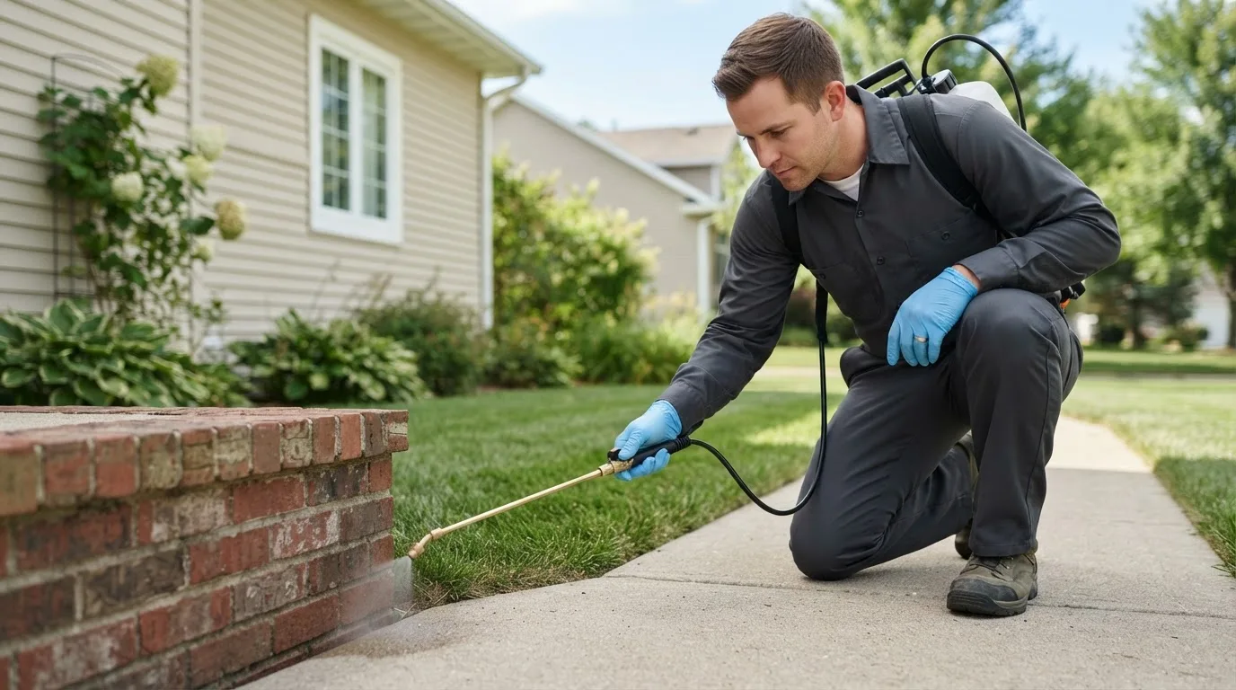 Pest control technician treating a home near Arrey, NM